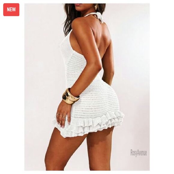Crochet Halter Mini Dress Backless Bodycon Summer Knit - Picture 3 of 6